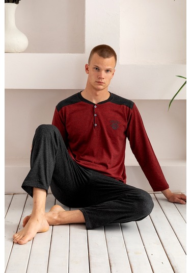 Nisanca Pamuklu Uzun Kollu Erkek Pijama Takımı Bordo