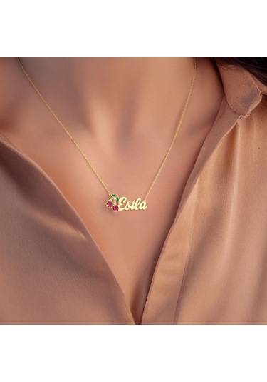 Taşlı Kiraz İsimli Altın Kaplama Gümüş Kolye Gold