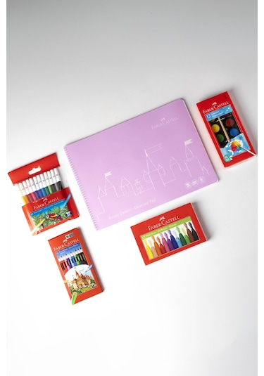 Faber-Castell Boyama Seti ve 25x35 Resim Defteri – Sulu, Pastel, Keçeli, Kuru Boya ile (Karma Renk Gönderilir)