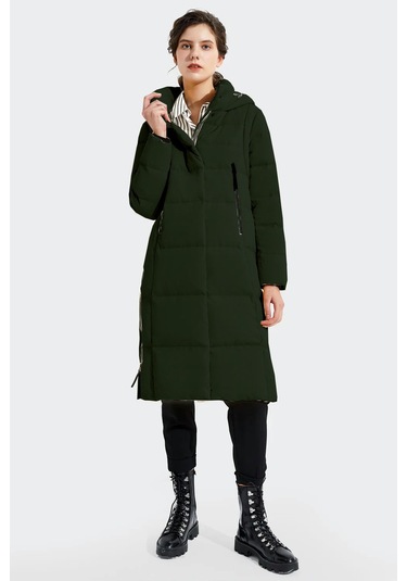 Kadın Uzun Kışlık İçi Elyaflı Astarlı Yan Fermuar Detaylı Şişme Mont Haki