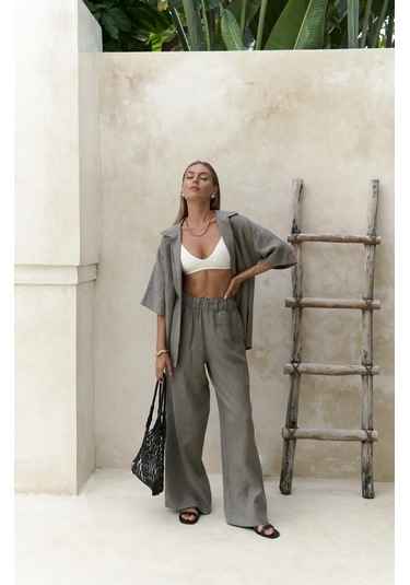 Mai Collection Baron Füme Keten Gömlek Pantolon Takım Füme