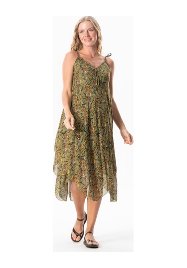 Askılı Vual Afrodit Midi Boy Yazlık Elbise Çiçek Yeşil 6241 Çiçek Yeşil