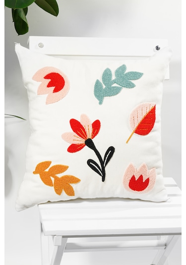 Çiçek Tarzı Punch Nakışlı Kırlent Kılıfı 45x45 Cm, Beyaz Kumaş, Dekoratif Yastık Kılıfı Karışık/Çok Renkli