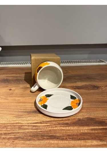 Sarı Çiçek Des Seramik Kupa Mug, Double Türk Kahvesi Filtre Kahve