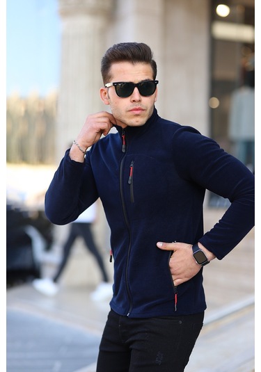 Kozik Lacivert Standart Kalıp Tam Fermuarlı 3 Çepli Erkek Polar Lacivert