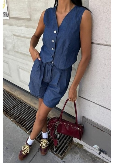 Gümüş Düğmeli Yelek Ve Şort Tensel Takım 10174 Koyumavi