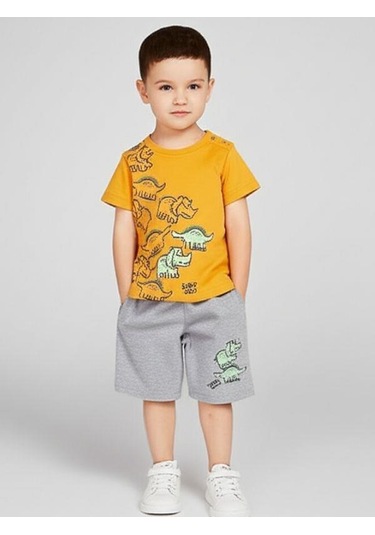 Erkek Bebek Hayvan Baskılı Şortlu Takım-15836 Turuncu