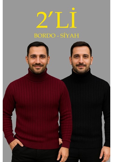 Erkek Fitilli Triko Kazak 2'li Set Bordo Siyah Regular Balıkcı Yaka Tam Boğazlı Triko Seti Modeli Ka Bordo Siyah