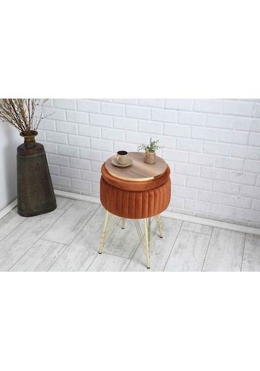 Bianco Metal Ayaklı Puflu Zigon Sehpa Altın Turuncu Gold Orange