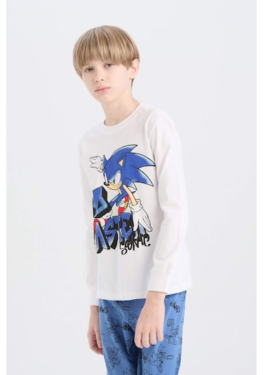 DeFacto Erkek Çocuk Pijama Takımı Sonic the Hedgehog Bisiklet Yaka Uzun Kollu Tişört Uzun Alt D5513A824WNWT34