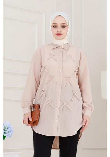 Sevitli Önü Fiyonk Detaylı Keten Tunik-bej-5108 Bej