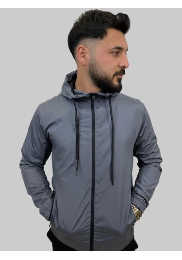 Erkek Kapüşonlu File Detaylı Füme Yağmurluk Füme