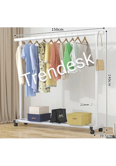 Metal Beyaz Konfeksiyon Askısı Ayaklı Askılık Elbise Askılığı Tekerlekli 150 140cm Beyaz