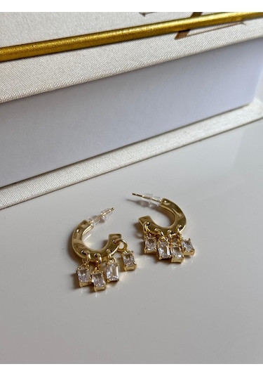 Altın Kaplama Baget Taşlı Sallantılı Halka Çelik Küpe Altın