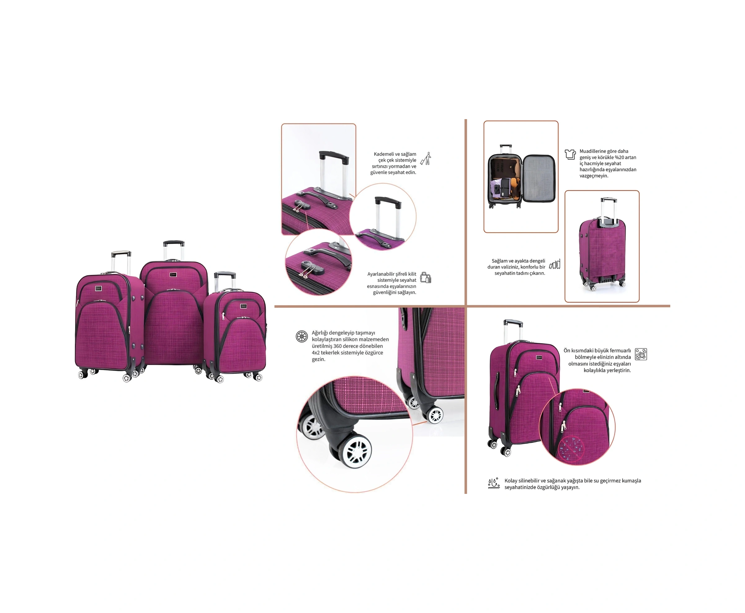 3'lü Valiz Seti 4 Teker Kumaş Valiz Pembe 1081 Pembe