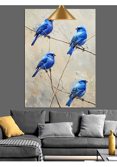 Mavi Tüylü Uçan Üç Kuş Dekoratif Kanvas - Mdf Ahşap Tablo