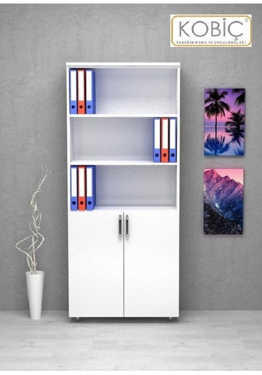 Kobiç Ofis Dosya Dolabı Kilitli Yarım Kapak Suntalam Dolap 80x35x185 Cm Beyaz Beyaz