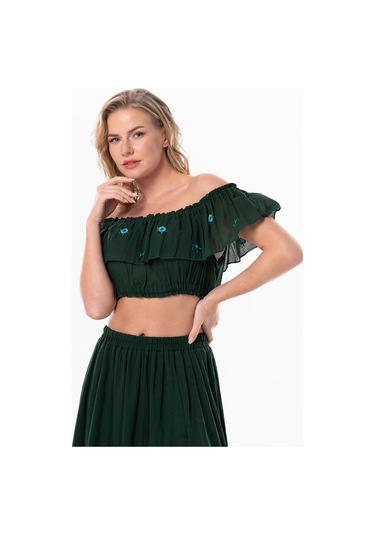 Lavinya Vual Lastik Detaylı Nakışlı Yazlık Crop Bluz Yeşil Ysl-yeşil Yeşil