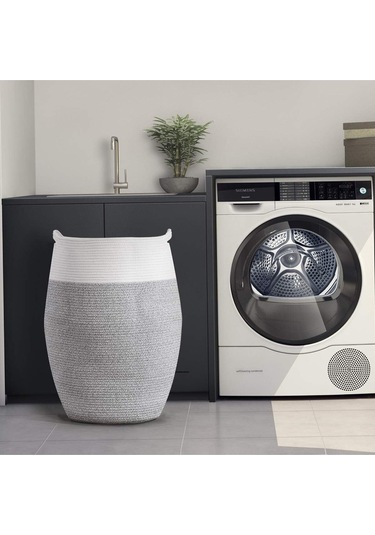 Themis Çamaşır Sepeti, Kirli Elbise Sepeti, Hasır Pamuk Halat Uzun Çamaşır Sepeti, Ev Dekoru Gribeyaz