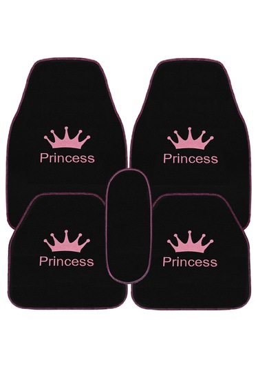 Prenses Gibi Arabana Hava Kat Taç Desenli Pembe Nakışlı 5 Li Oto Halı Paspas Seti