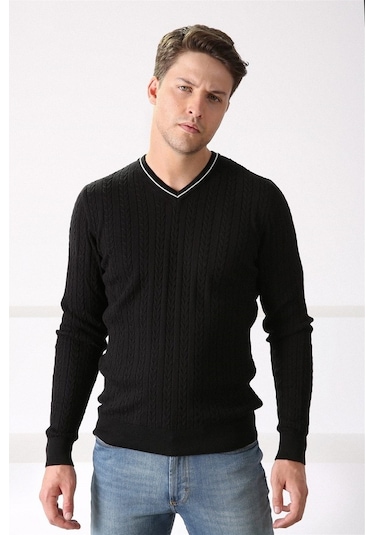 Ferraro Siyah V Yaka Erkek Pamuk Kazak Siyah (490435483) Siyah