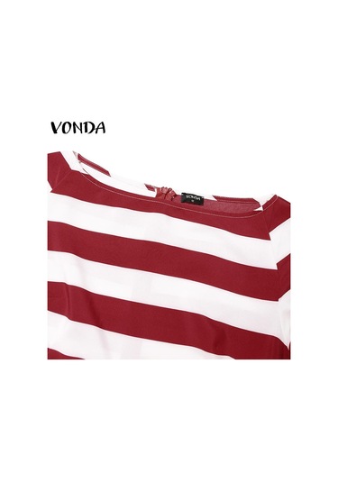 Vonda Kadın Yaz Yuvarlak Yaka Raglan Kısa Kollu Cep Çizgili Bol Uzun Elbise Koyu Mavi