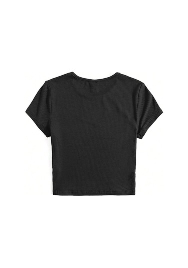 Bisiklet Yaka Siyah Renk Fitilli Kısa Kollu Slim Fit Crop Top Bluz Siyah