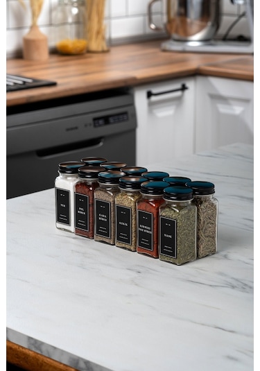 Mienda Home 12 Adet Cam Baharatlık Seti Siyah Etiketli-kapaklı Baharatlık Cam Takım-mh00syh12 Siyah - Şeffaf
