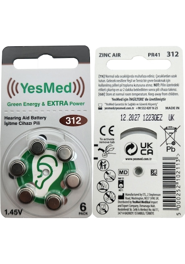 Yesmed Extra Power 312 No Kulaklık Pili 1 Paket 6 Adet Pil