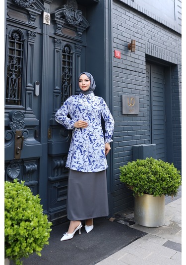 Kadın Mavi Çiçek Desenli Pamuk Dokuma Kumaş Tunik Gömlek Etekli Takım Tk1415 Mavi