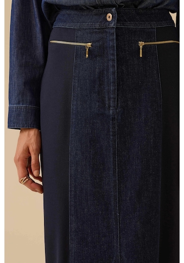 Seçil Kadın Çift Kumaşlı Yırtmaç Detaylı Jean Etek 0001 Lacivert Lacivert