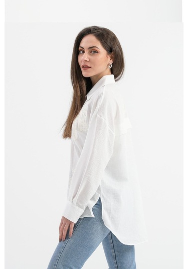 Pulpayet Nakışlı Keten Gömlek - Ekru-ekru Ekru