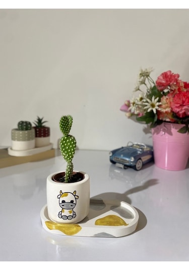 Tabaklı Tekli Altın Inek Motifli Mini Saksı Seti Çiçeksiz