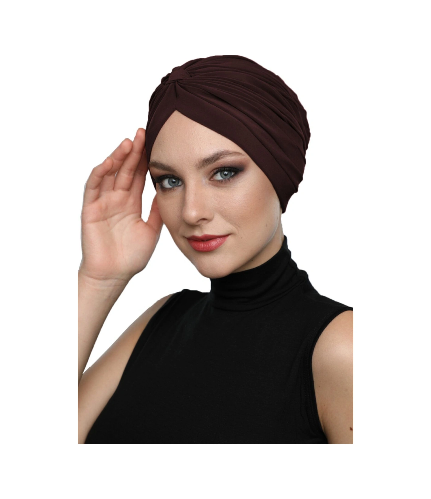 Çapraz Bantlı Kahve Hazır Türban Tesettür Havuz Bonesi Kahve