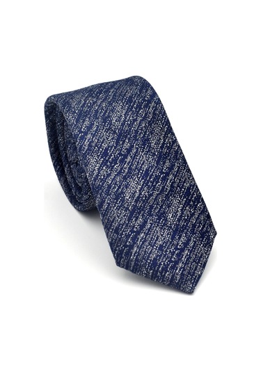 Gri Kırcıllı Desenli Lacivert Dokuma Kumaş Mendilli Slim Fit Kravat // Sdk-2501-2 Lacivert