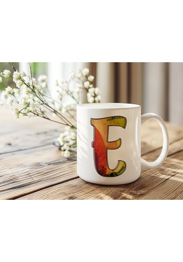 E Harf Yaprak Renkleri İle Kupa Bardak - Kişiye Özel Alfabe Harfli Bardak - Hediye Beyaz