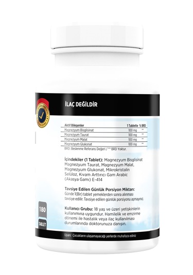 Magnezyum Bisglisinat Malat Taurat Glukonat 180 Tablet