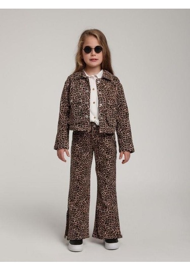 Kız Çocuk Cepli Leopar Kot Ceket-15588 Kahverengi
