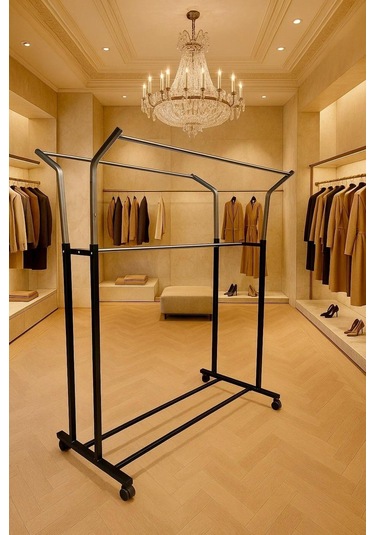 V Ayarlı 105 Cm En Çelik Konfeksiyon Elbise Askılık Tekerli Demonteportmanto Raf Home Hanger Siyah