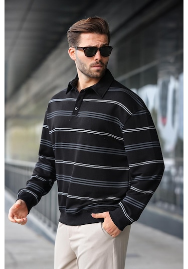 Madmext Siyah Çizgili Polo Yaka Erkek Sweatshirt E7172 Siyah