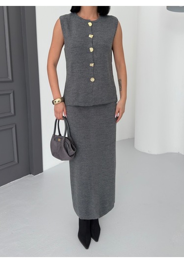 Kadın Düğme Detaylı Yelek Uzun Etek Alt Üst Triko Takım Antrasit