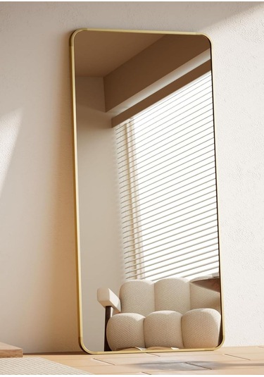 Pera 180x66 Yuvarlak Köşeli Yer Aynası Ayaklı, Asılı, Duvara Yaslı, Yatak Odası, Giyinme Odası Gold