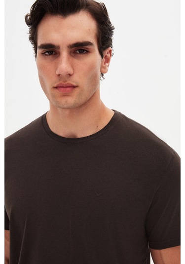 Ds Damat Regular Fit Kahverengi Düz Nakışlı %100 Pamuk T-shirt 4hc140632006m Kahve