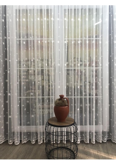 Tül Perde Çocuk Odası Irili Ufaklı Yıldız Desen Örme Kumaş Ekru