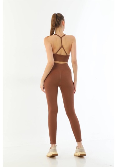 Kahve Mı Emay 3921 Soft Seamless Ripli Tayt Yoga Takımı Kahve