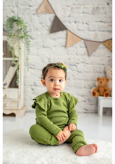 Gots Sertifikalı %100 Organik Pamuk Fırfırlı Sweatshirt Ve Pantolon Takım 0 - 4yaş - 5317 - Haki