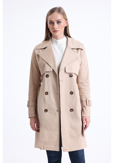 Pastelastore Esnek Pamuk Gabardin Midi 95cm Astarsız Kadın Trençkot 1118 Bej