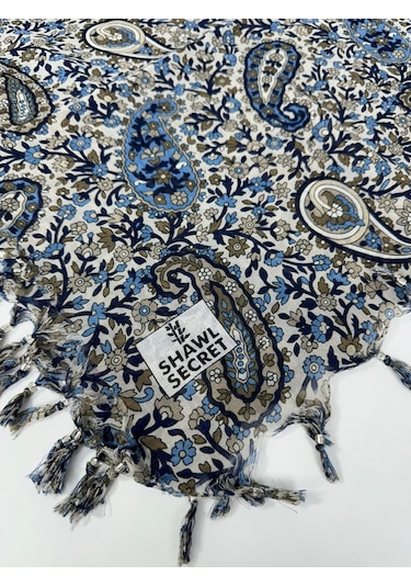 Shawl Secret Sökme Boncuklu Pamuk Yazma - 05868 Vizon-mavi