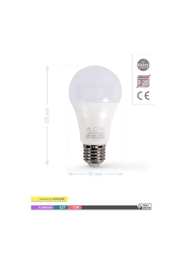 ACK LED A60 Ampul 3000K Gün Işığı 220V 12W E27