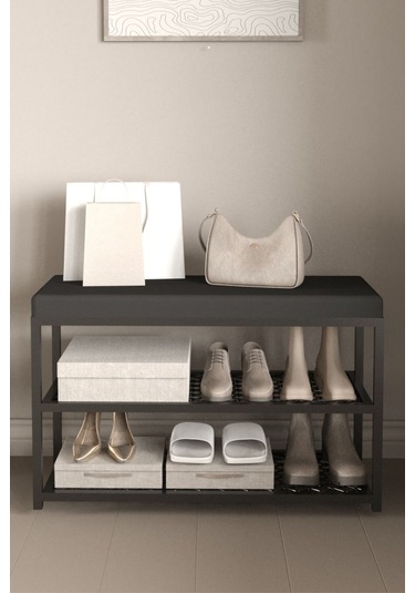 Aju Ayakkabılık Puflu Süngerli Oturaklı Metal Ayakkabı Rafı Modern Vestiyer Baklavalı Metal Tasarım